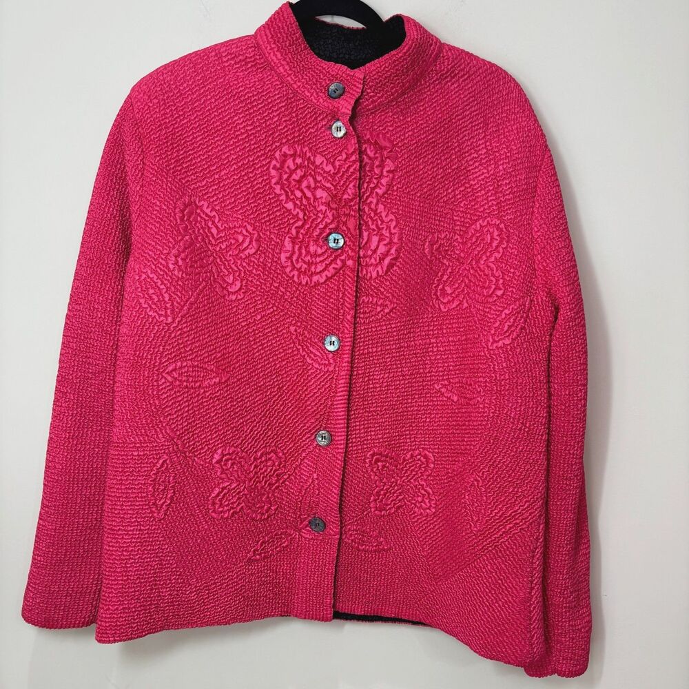 Vintage Reversible Pink Black Crinkle Jacket Women L Lightweight Floral Textured